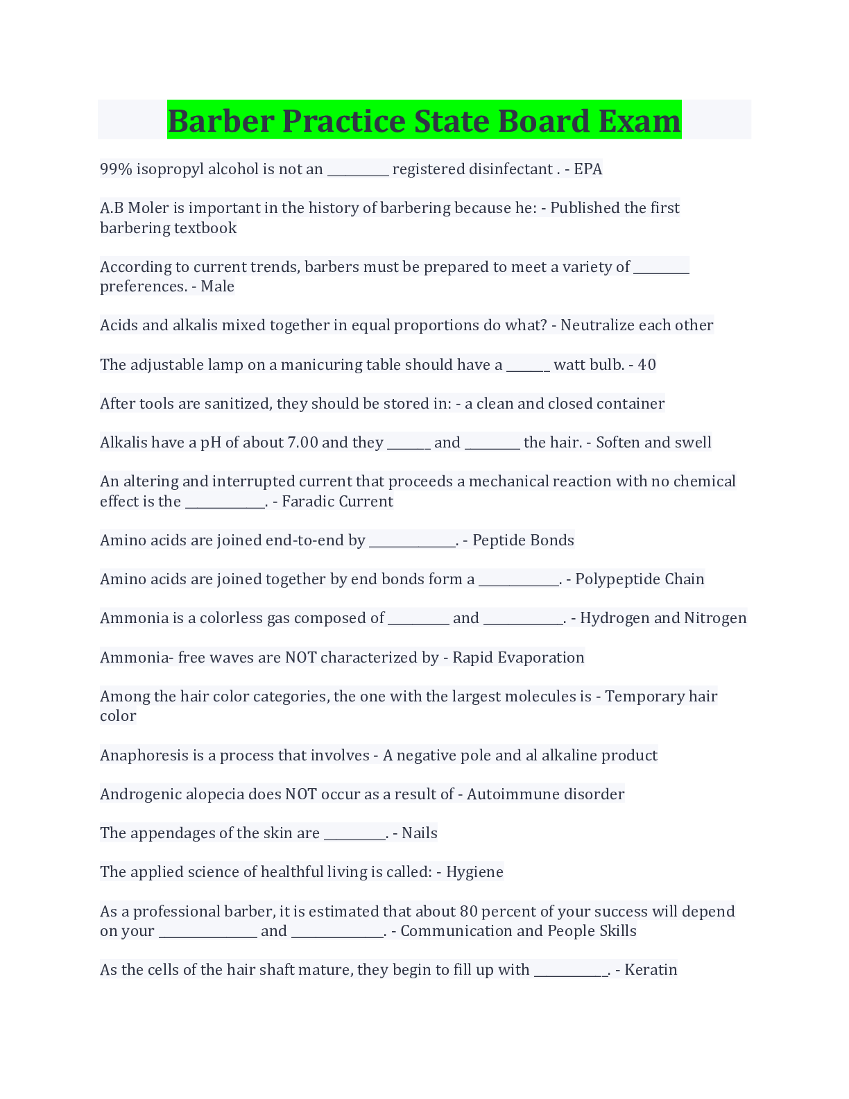 Preview image for Barber Practice State Board Exam (answered all correct) 2021/2022.